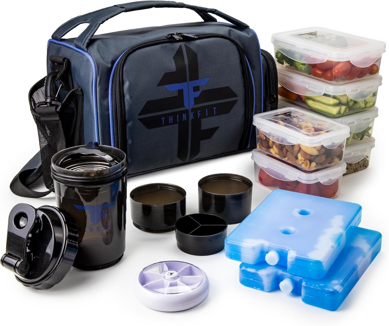 ThinkFit Insulated Lunch Box with 6 Portion Control Containers, Pill Dispenser, Shaker Cup & Ice Packs – BPA-Free, Reusable, Microwavable, Freezer Safe – Blue