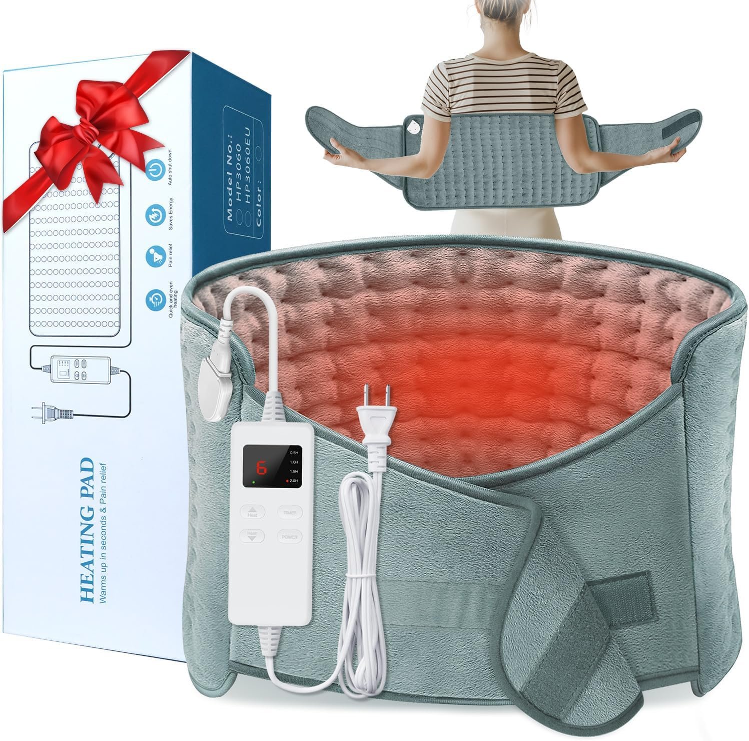 IGXHAVIZ Heating Pad with Adjustable Belt | Wrap Around, 12″X24″+20″, Auto Shut Off, 6 Heat Settings, 4 Timers, Ideal for Women Men