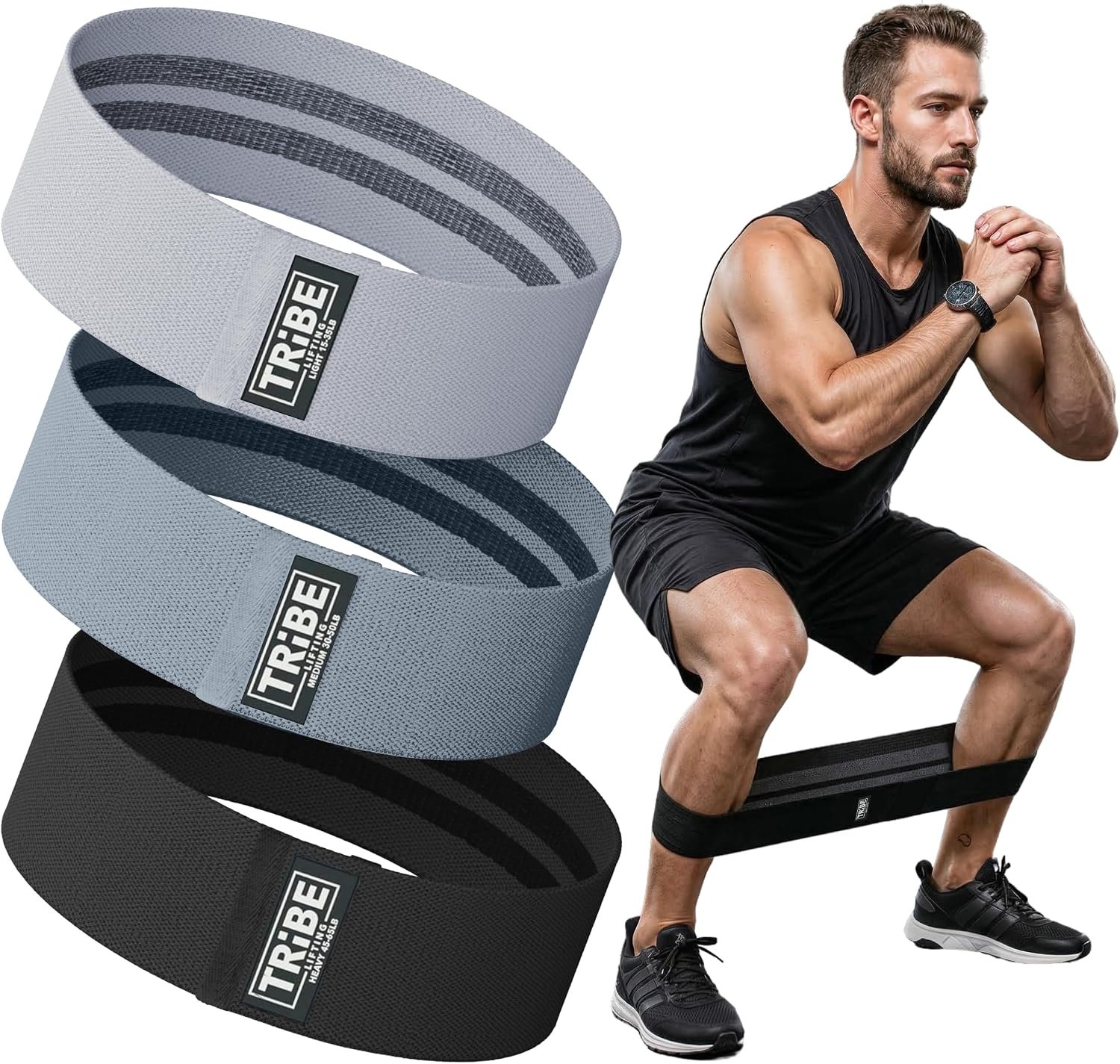 Fabric Resistance Bands for Working Out, 3-Pack for Legs and Glutes | Booty bands for women and men, non-slip grip, 3 resistance levels, for squats, lunges, hip thigh training, glute activation