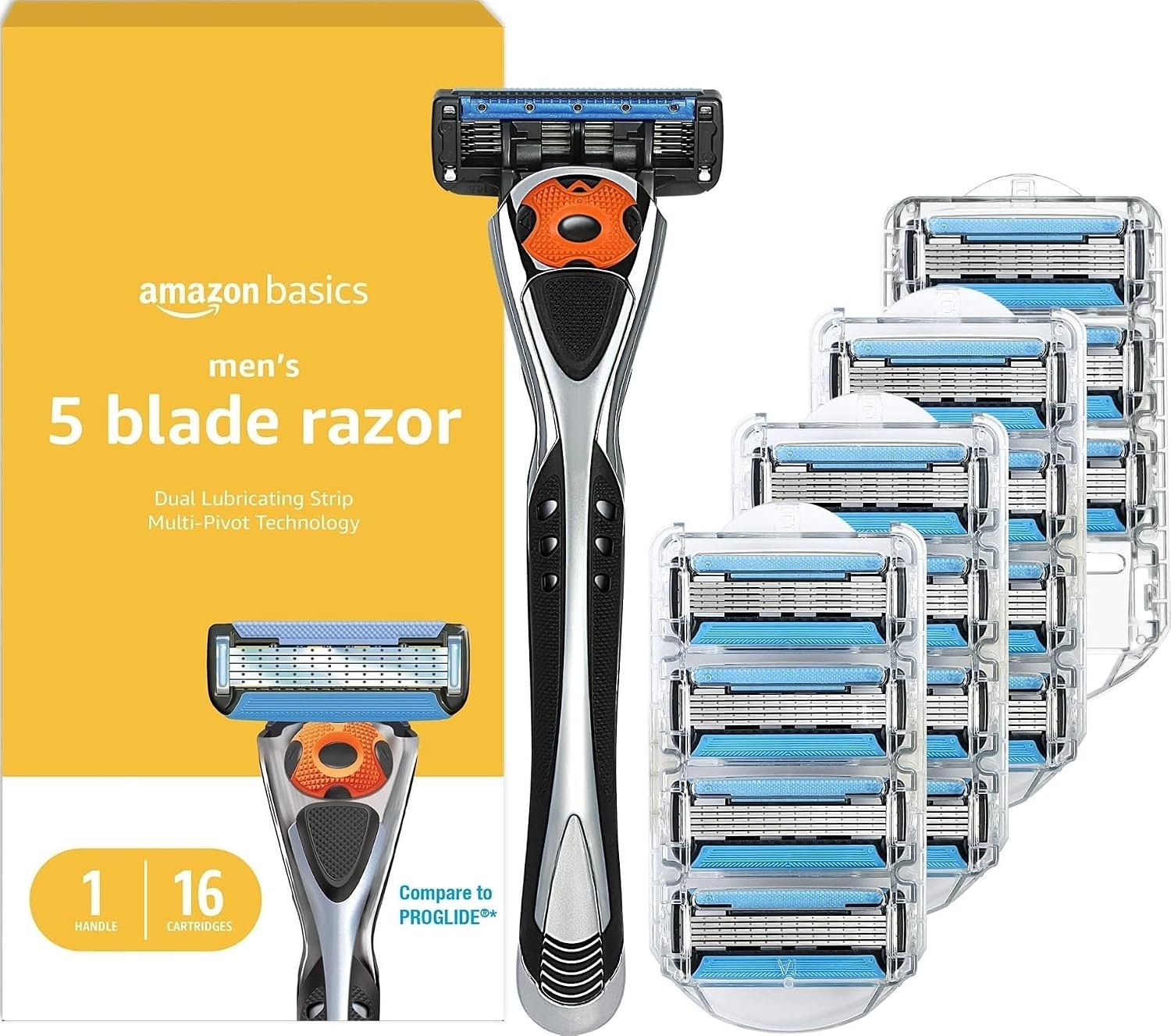 Amazon Basics 5-Blade MotionSphere Men’s Razor with Dual Lubrication, Vitamin E, Precision Trimmer, 1 Handle & 16 Cartridges, Black