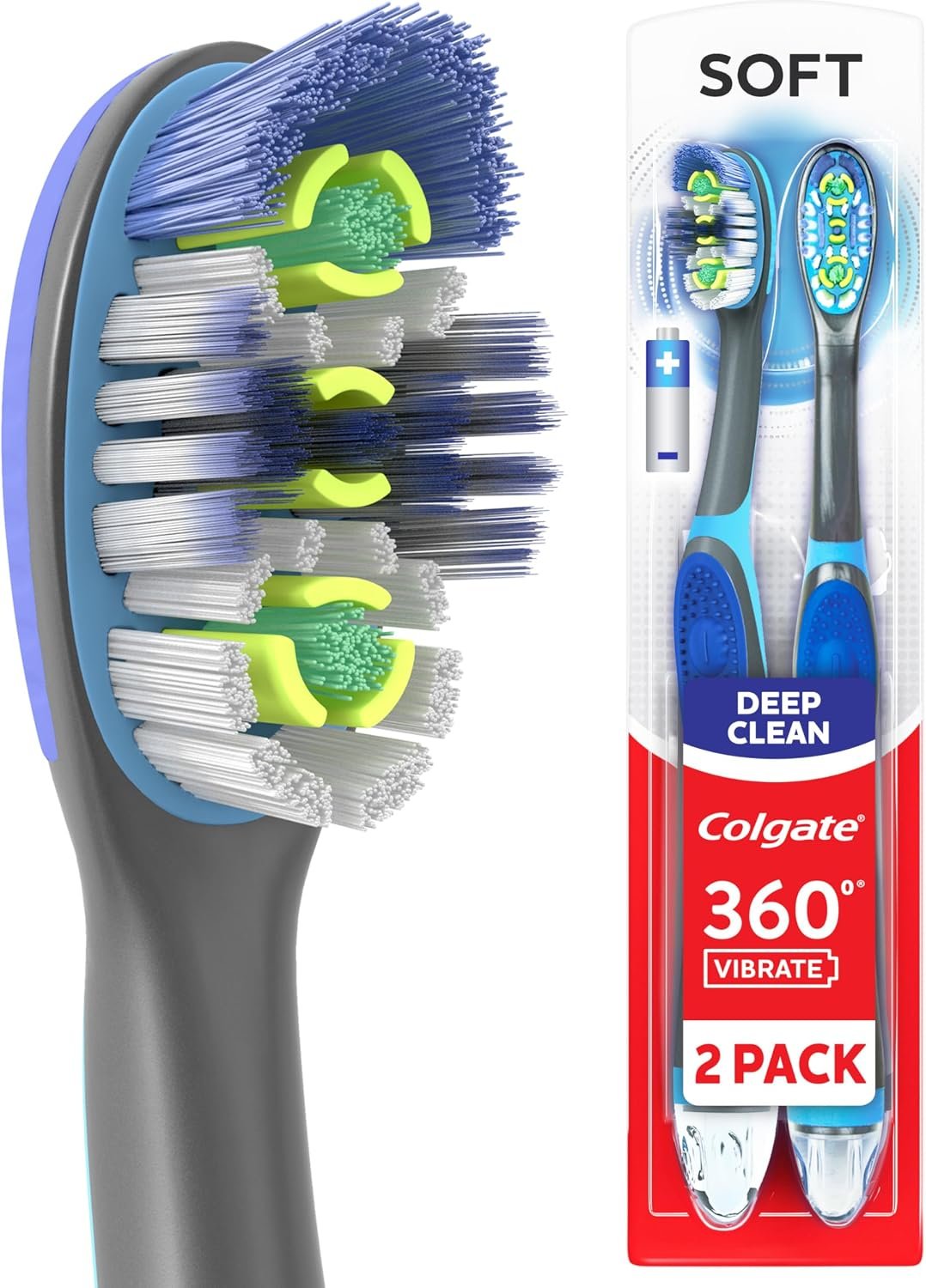 Colgate 360 Advanced Floss Tip Soft Toothbrush, 2 Pack | Adult Manual Toothbrushes, Advanced Floss-Tip Cleaning Bristles, Easy-To-Open, Recyclable Packaging