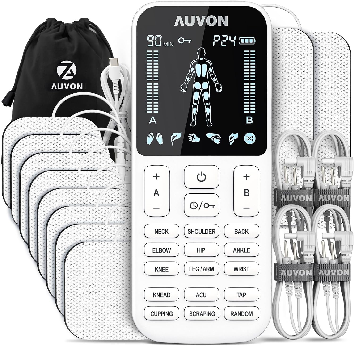 AUVON 4 Outputs TENS Unit Muscle Stimulator with 24 Modes & Intuitive Operation Design, FSA & HSA Eligible, TENS Machine with 10 TENS Pads, Electronic Pulse Massager for Back Pain Relief Therapy | TENS Machine with 10 TENS Pads, Electronic Pulse Massager for Lower Back, Shoulder, Sciatica Drug-free Pain Relief Therapy