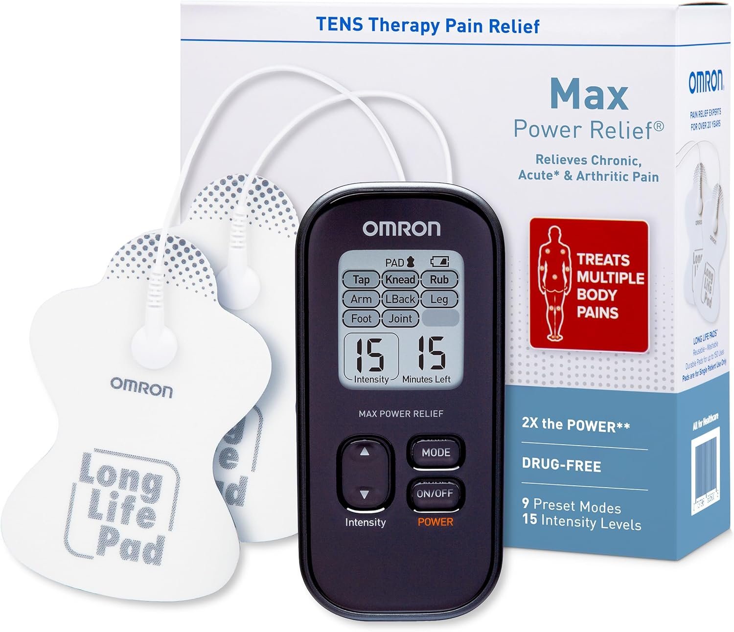 Omron Max Power Relief TENS Unit Muscle Stimulator | For Drug-Free Pain Relief – Portable Electric Massager for Muscles and Joints – Includes 2 Reusable TENS Unit Pads
