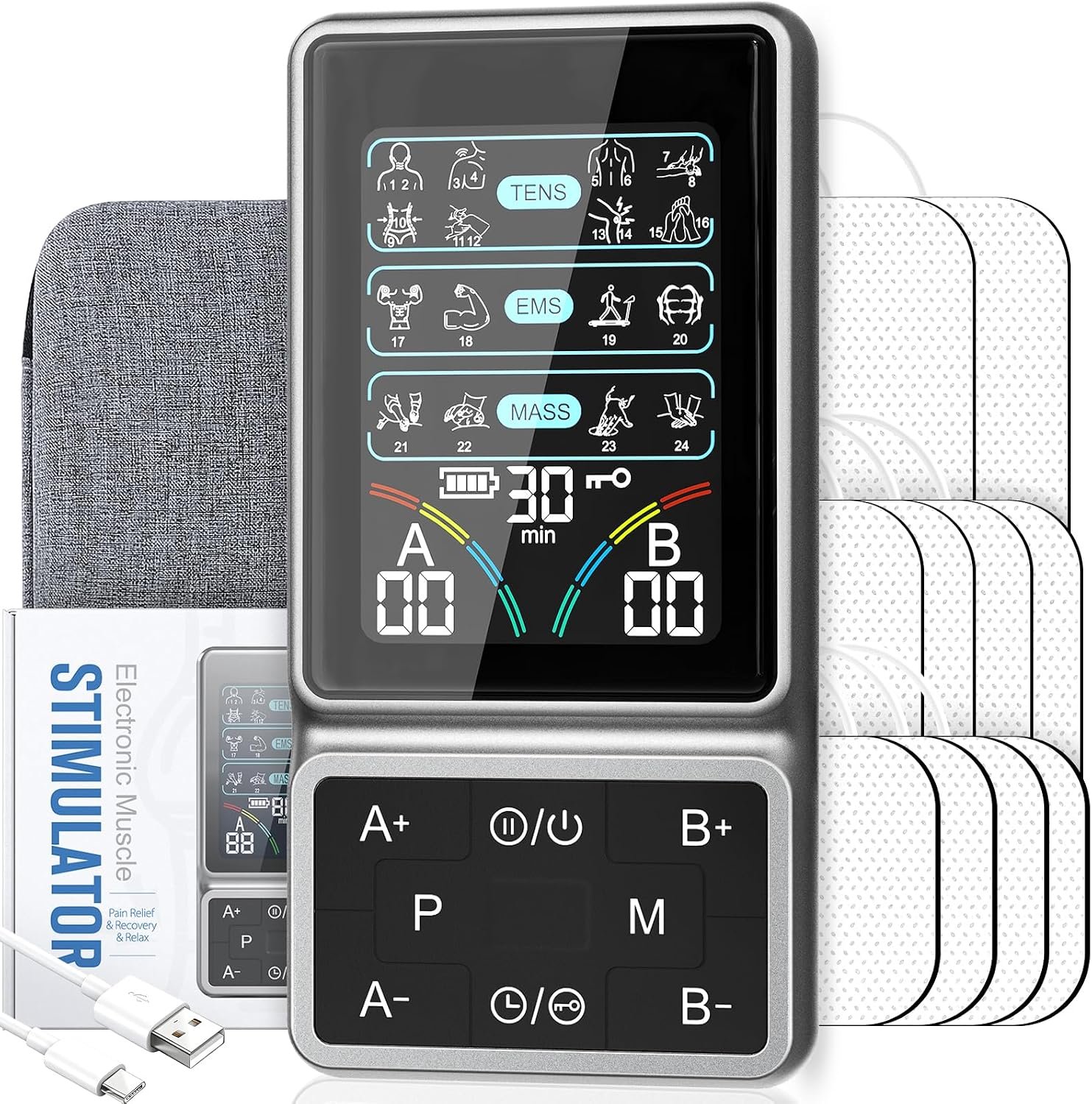 TENS Unit Muscle Stimulator with HD Color Screen, 3-in-1 TENS EMS Machine for Pain Relief & Muscle Recovery, 24 Modes Pulse Massager for Sciatica, Back, Hip, Neck, Shoulder and Elbow Pain
