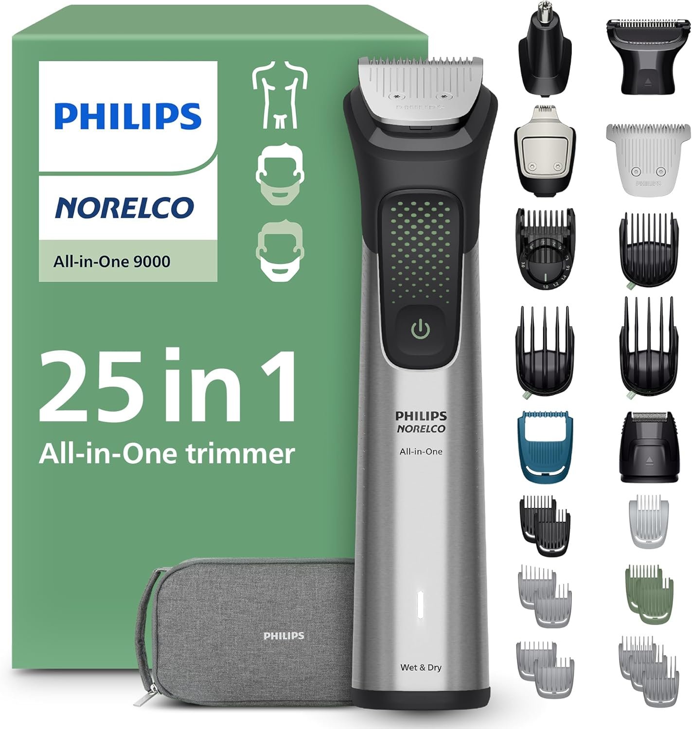 Norelco Philips All-in-One 9000 25-in-1 Trimmer, Face, Hair & Body, Steel | Beard Styler, Nose, Detail Trimmer, Body Shaver, Hair Clipper, Steel Blades, 27 lengths, 6-Hr Runtime, Showerproof, MG9580/40