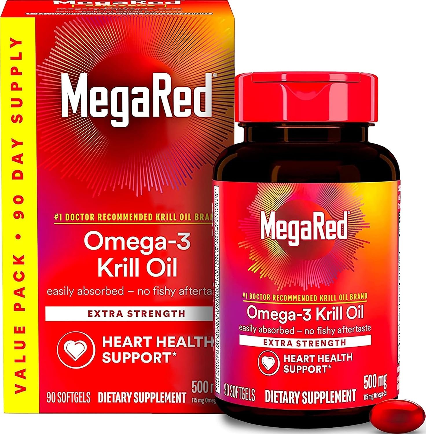 MegaRed Antarctic Krill Oil 500mg Omega 3 Fatty Acid Supplement, Extra Strength EPA & DHA Krill Oil Softgels (90cnt Box), Astaxanthin, Heart Health Supplement with No Fish Oil Aftertaste | Antioxidant Astaxanthin, Phospholipids, EPA & DHA, Heart Support, No Fish Oil, Softgels, Antarctic Krill Oil