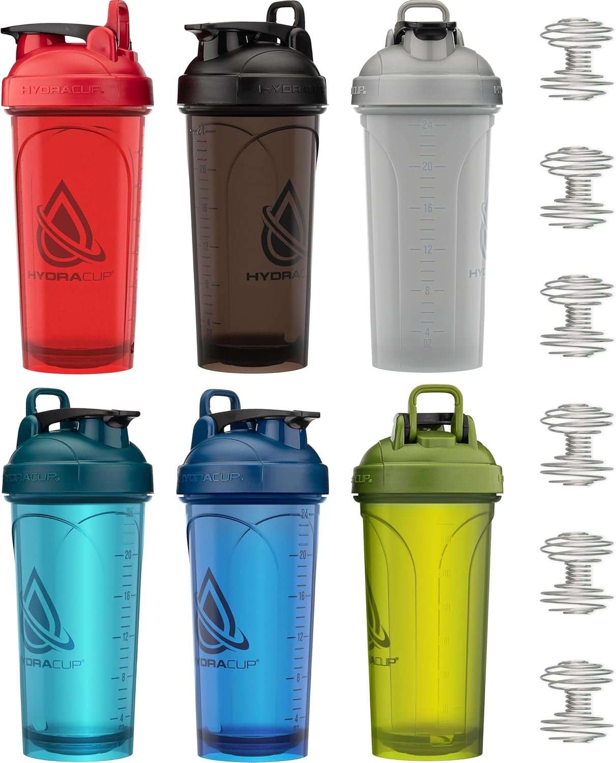 Hydra Cup 6 Pack 28oz Protein Shaker Bottles with Patented Carry Handle | 6x Shakers + 6 Wire Whisks, Leak-proof BPA-free shaker cups for powder mixing. Top-rack safe. 6 gym colors. Bulk set.