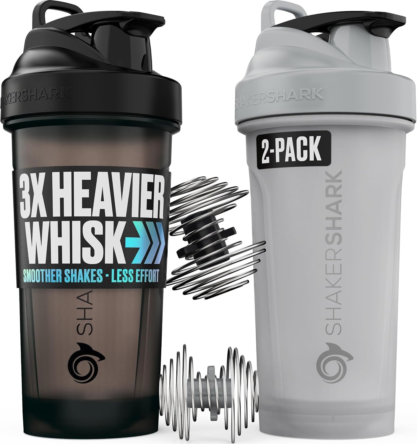 Hydra Cup 2 Pack 28oz Protein Shaker Bottle, Heavy Shaker Ball (Grey/Black) | ShakerShark Weighted Whisk Protein Mixer for Thick Shakes, Leak Proof, No Clumps, BPA Free, Dishwasher Safe, Carry Handle