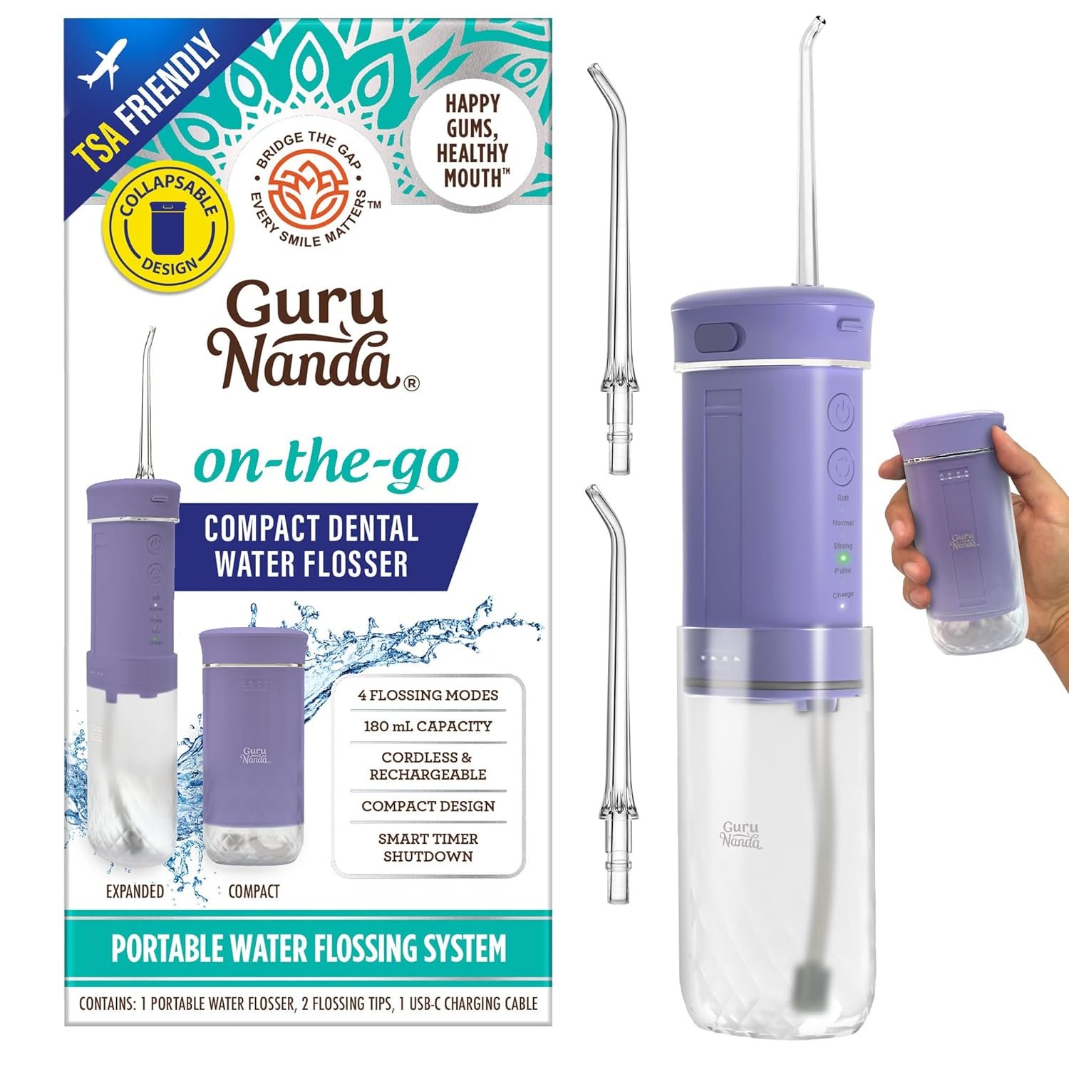 GuruNanda Mini Travel Water Flosser – Cordless Oral Irrigator with Collapsible 180ml Tank, 4 Modes, Smart Timer, IPX7 Waterproof, TSA-Friendly, Portable Flosser for Braces & Sensitive Gums, Lavender