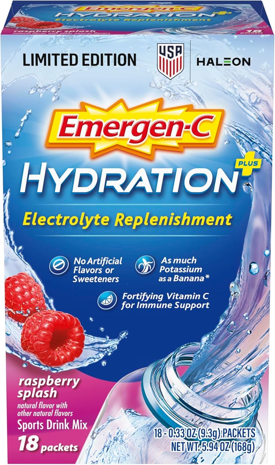 Emergen-C Hydration+ Vitamin C Sports Drink Mix, Raspberry, 18 Packets | Electrolytes for Hydration, 75% Less Sugar, Non-GMO, Vitamin C, Zinc and Manganese, Sports Formula