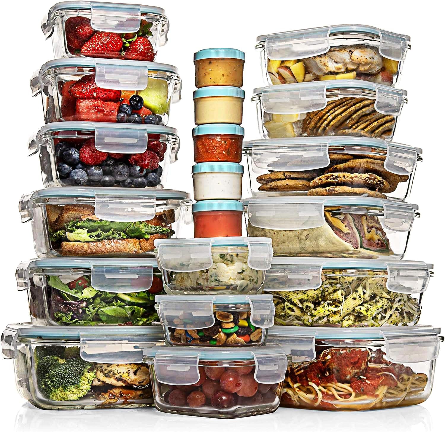 Razab 35 Pc Set Glass Food Storage Containers with Lids – Meal Prep Airtight Bento Boxes BPA-Free 100% Leak Proof (15 lids,15 glass & 5 Plastic Sauce/Dip Containers)