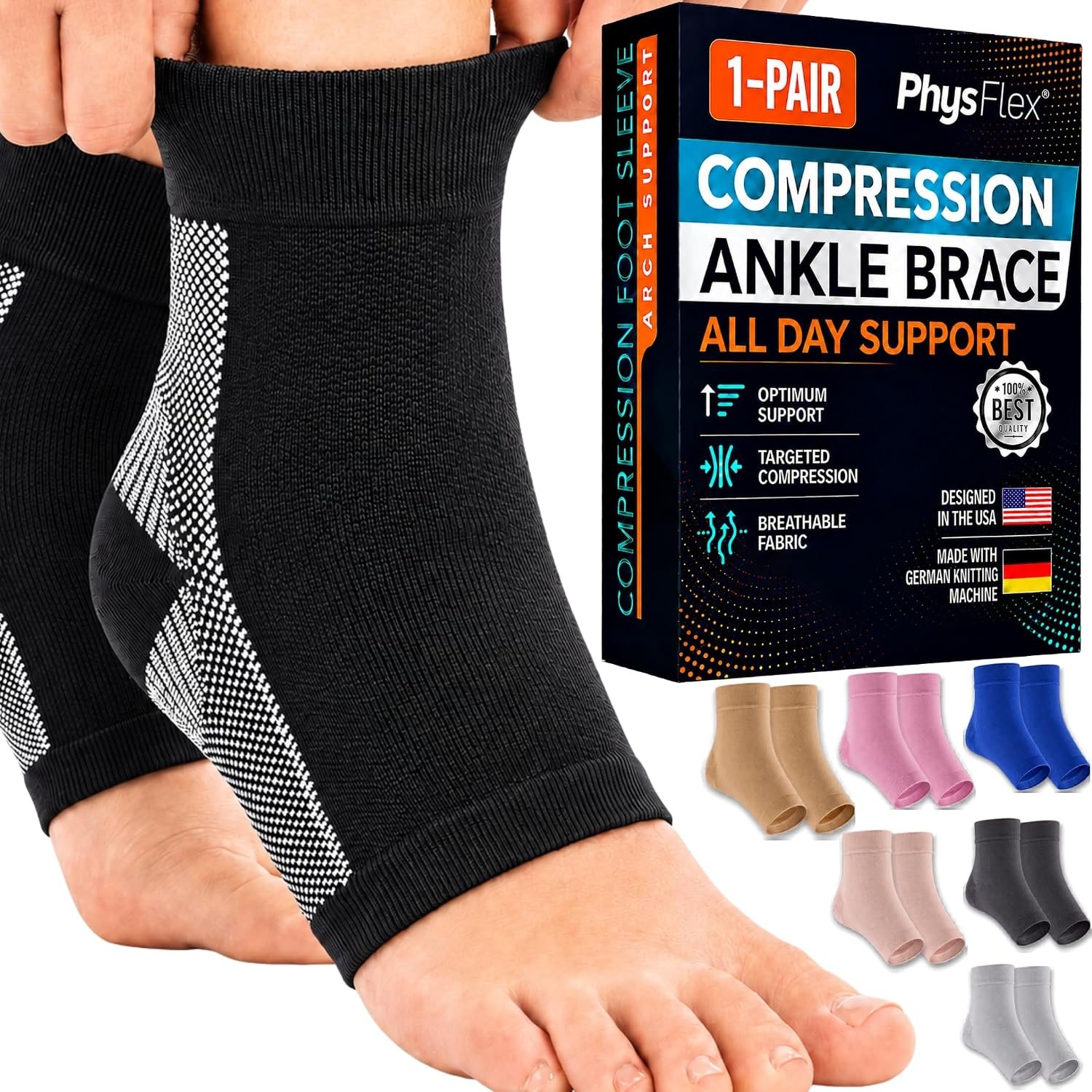 Ankle Brace Socks – Ankle Compression Sleeve – Foot Brace for Women & Men | Tendonitis, Arthritis, Ankle Support, Sports, Running, Plantar Fasciitis Relief, & Stabilizing Ankle Wrap (1-PAIR)