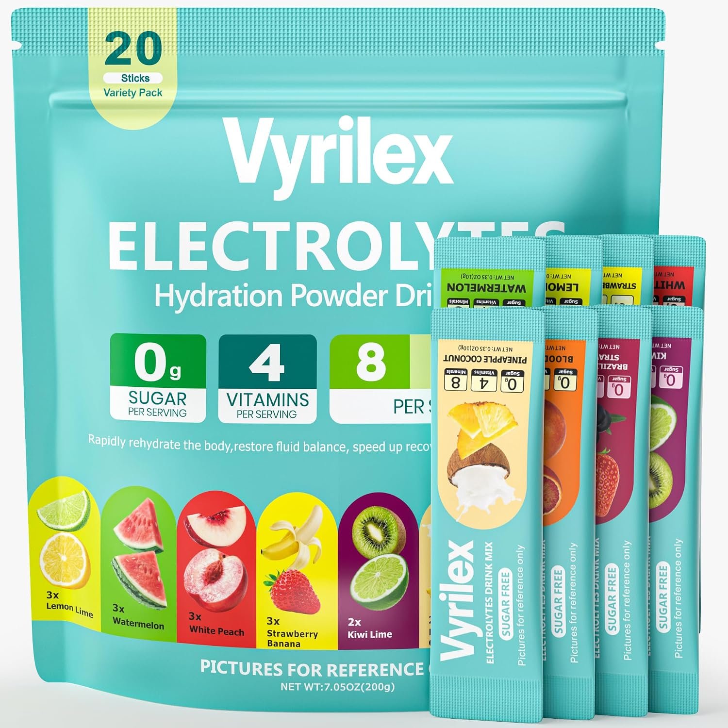 20Sticks High Sodium Electrolyte Powder Packets Sugar Free 8 Flavors Liquid Daily IV Hydration Drink Mix with Minerals & Vitamins, Zero Sugar Electrolytes Formula for Fast Rehydration