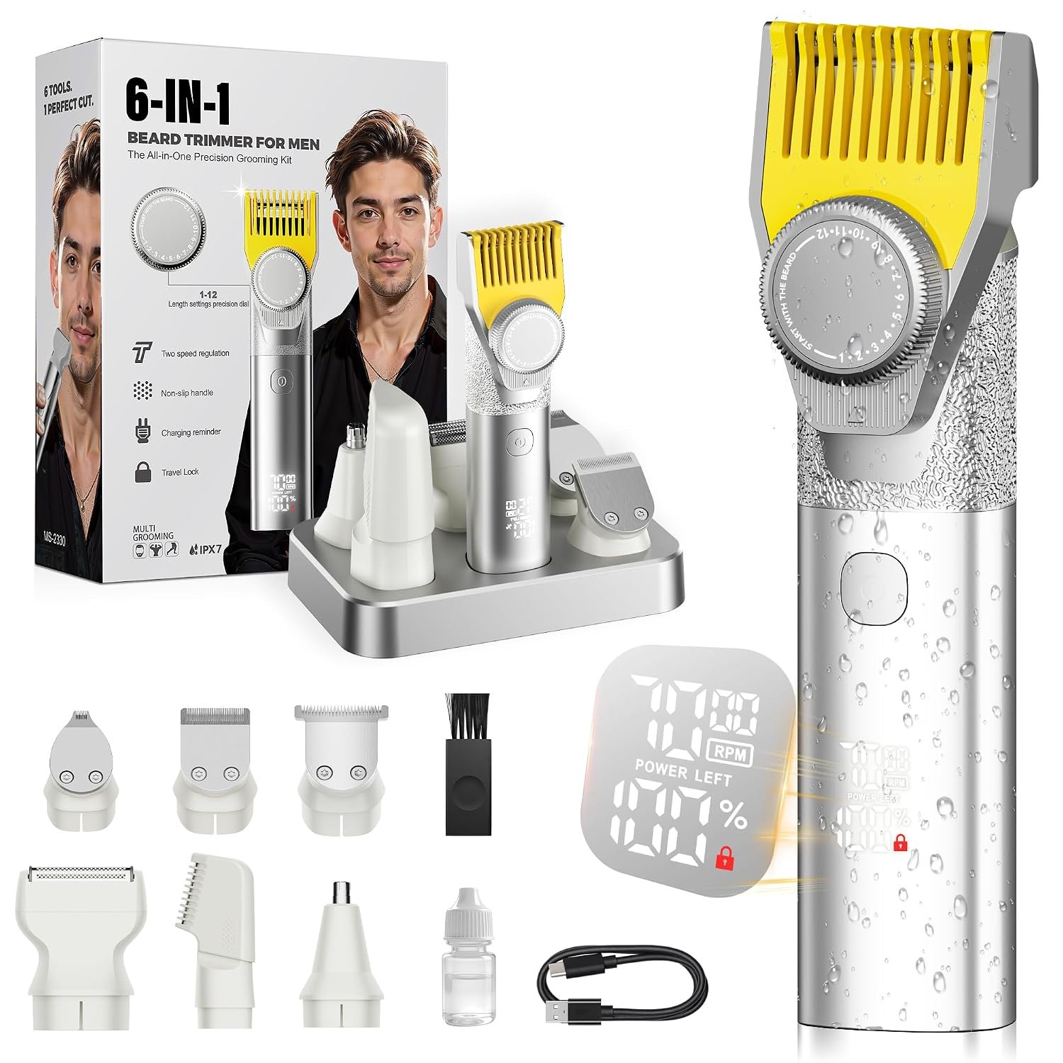 Beard Trimmer for Men, 6-in-1 Men’s Grooming Kit,IPX7 Waterproof Wet/Dry, 2-Speed electric razor for men, Easy-Swap Magnetic Heads, LED Display, 20-Length Dial, 4.5-hour battery life,USB-C,Argent