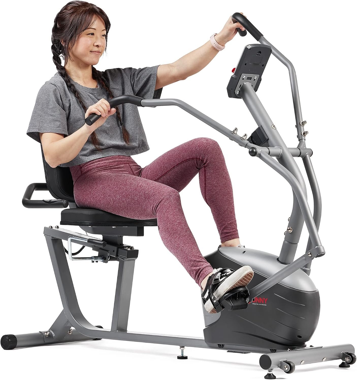 Sunny Health & Fitness Smart Recumbent Cross Trainer with Arm Exerciser | Dual Function Full-Body Workout, 8-Lvl Magnetic Resistance, Adjustable Seat, Step-Thru Frame, Pulse Sensor, Free SunnyFit App