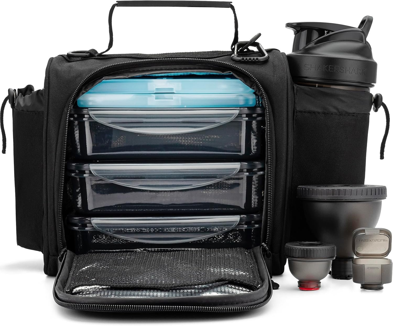 Hydra Cup 10-Piece Insulated Lunch Box with Meal Prep Containers (Black) | Includes 3 large 32oz containers, 28oz shaker bottle, 2 protein funnels, pill case, 2 ice packs, luggage strap
