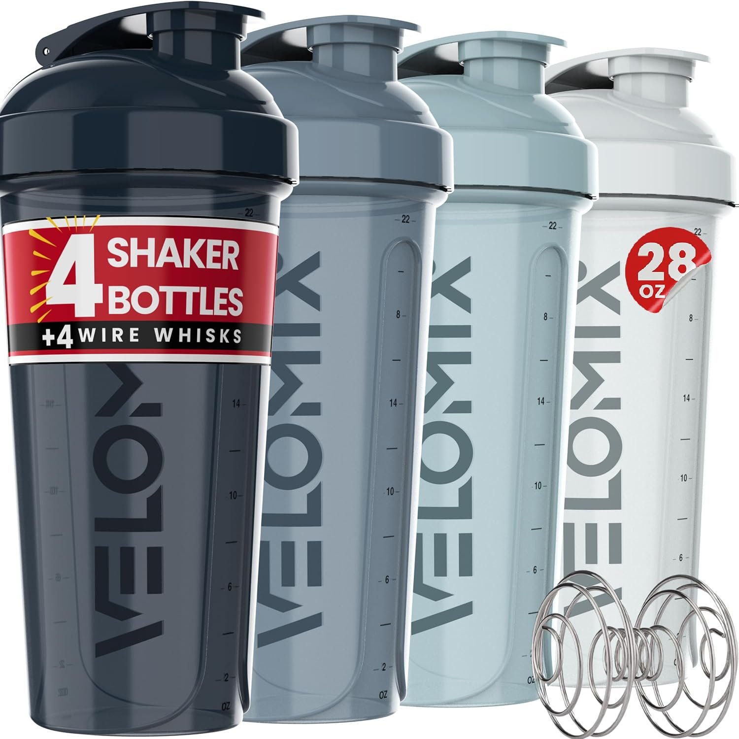 VELOMIX 4 Pack 28oz Shaker Cups for Protein Shakes, Aqua Depths | 4x Wire Whisk, Leak Proof Protein Shaker Bottle for Protein Mixes, Stackable, Dishwasher Safe, Gym Ready, Measurement Marks