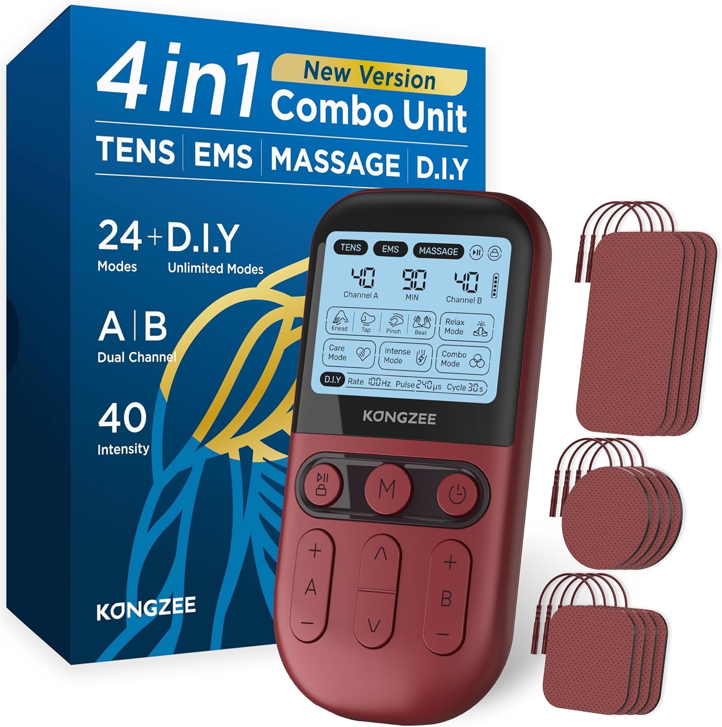 4 in 1 – D.I.Y & Tens Unit & EMS & Massage Muscle Stimulator, Dual Channel TENS Units Therapy Machine for Pain Relief, FDA Cleared Rechargeable Electronic Pulse Massager,with 12pcs Electrode Pads