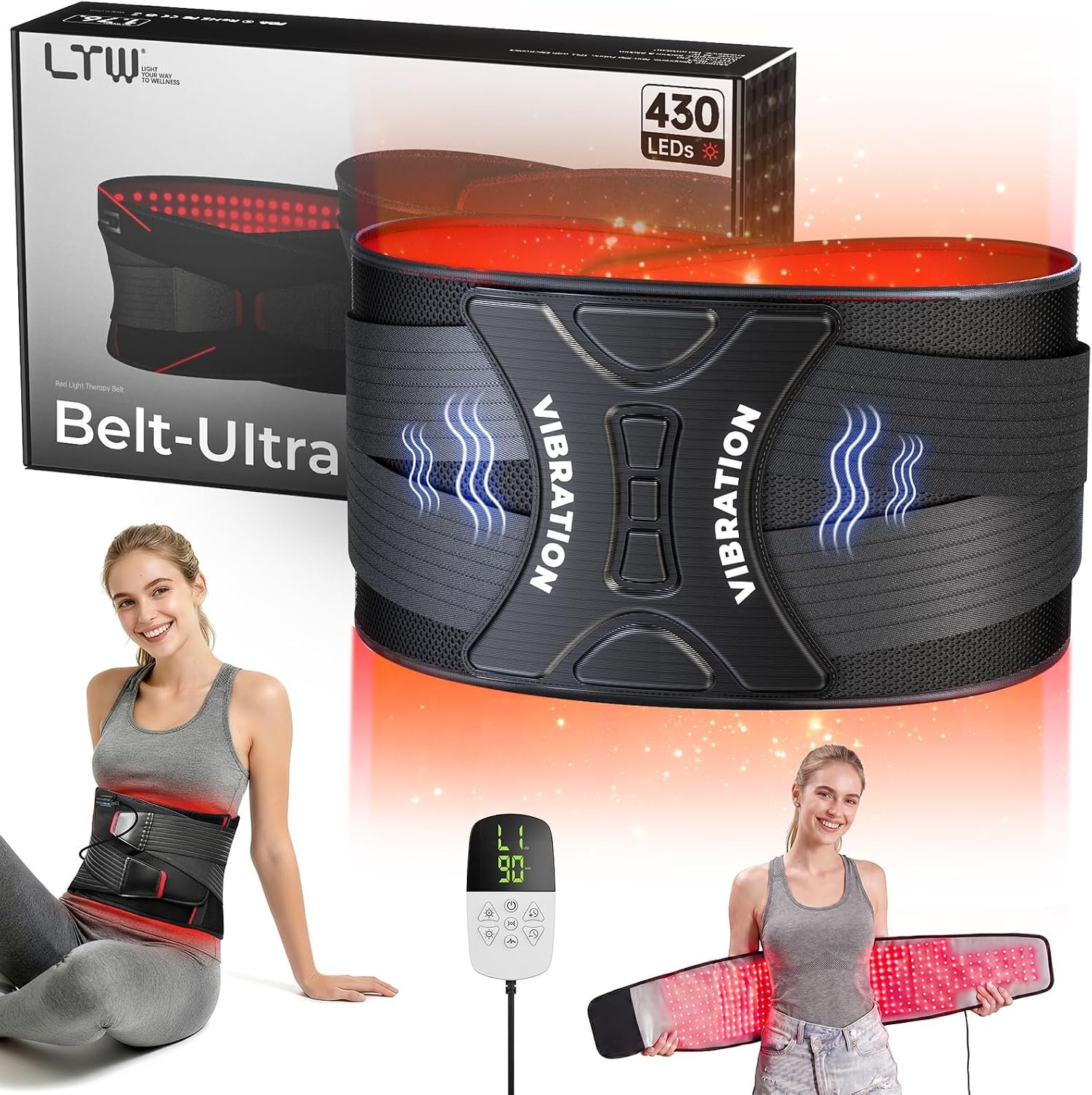 LTW Flagship 430 LEDs Red Light Therapy Belt for Pain Relief, 50″ x 9.5″ | FSA&HSA, 5 Light Intensity × 4 Vibration × 4 Pulse Levels | 660nm & 850nm Near-Infrared Wrap | Plug-In | Adjustable Straps