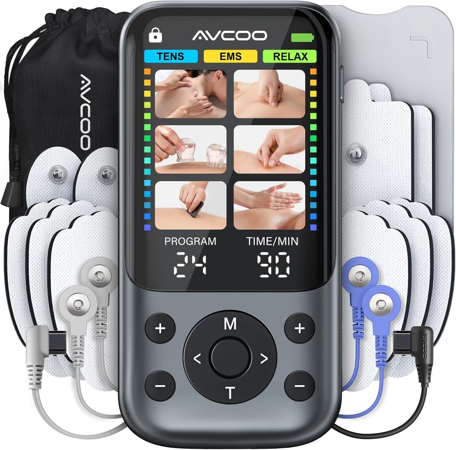AVCOO Color Screen 24 Modes TENS Unit Muscle Stimulator for Pain Relief | 3-in-1 EMS Massage Machine for Shoulder, Back Pain Relief Therapy, 30 Levels, Dual-Channel Electronic Pulse Massager, 10 Pads