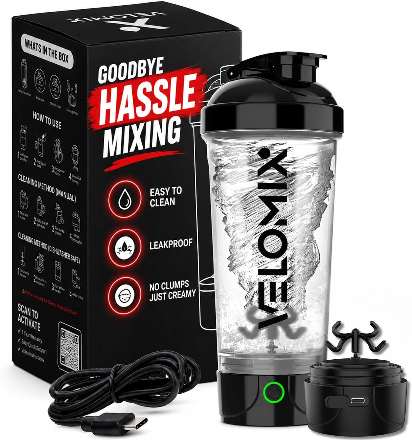 VELOMIX 24oz Electric Protein Shaker Bottle for Protein Mixes, Transparent | USB-C Rechargeable, Leak Proof Shaker Cups for Protein Shakes, Portable Blender for Shakes and Smoothies, Easy Clean