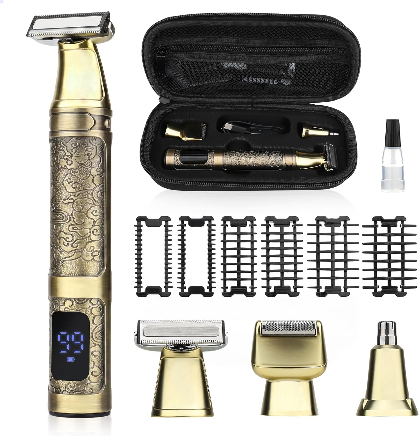 GSKY 3 in 1 Body Trimmer & Groomer,Electric Beard Trimmer & Shaver Kit | IPX7 Waterproof,Hybrid Face and Body Grooming for Men, 6 Comb Attachments, LED Display,USB charging,Portable Travel Case,Gold
