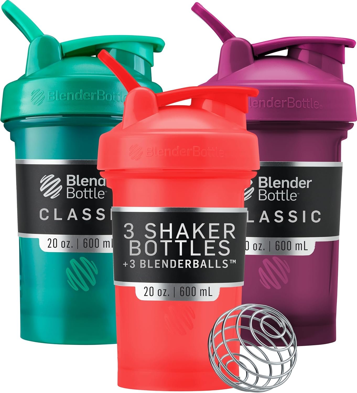 BlenderBottle Classic V2 Plastic Shaker Bottle 20 oz Red/Green/Plum, 3-Pack