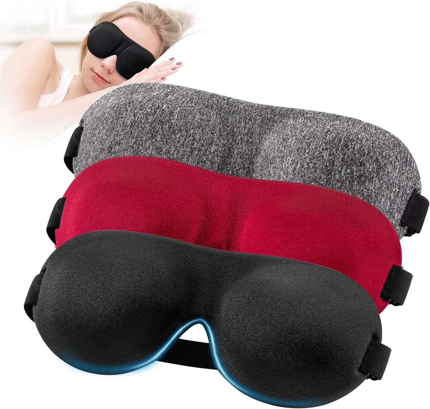 YIVIEW Sleep Mask for Back and Side Sleeper 3 Pack, 100% Blackout Eye Mask | 3D Zero Eye Pressure, Night Blindfold for Women Men, Lightweight & Breathable Soft Sleeping Eye Cover, Travel Nap Essentials