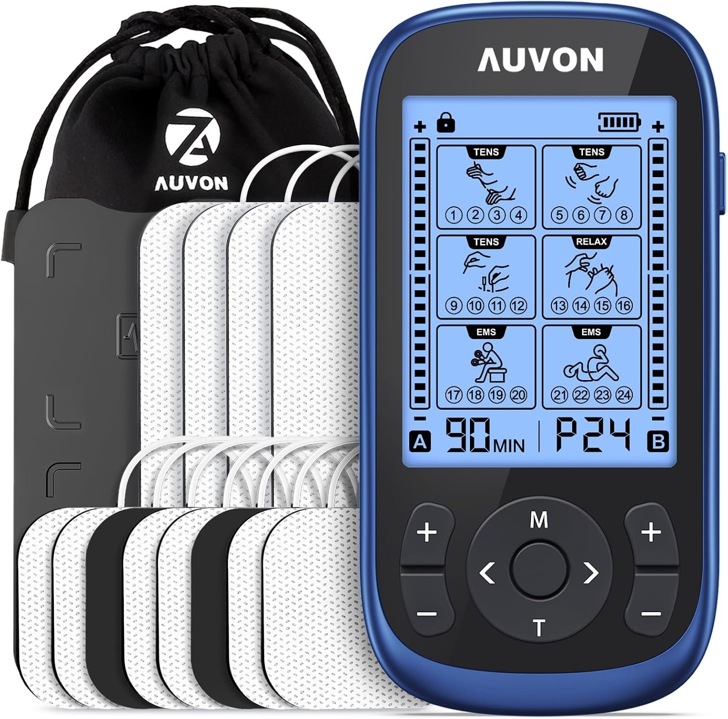 AUVON 3-in-1 TENS Unit Muscle Stimulator, 40 Levels for Gradual Pain Relief | EMS Massage Machine, Drug-Free for Shoulder, Sciatica, Back Pain Relief, 24 Modes Electronic Pulse Massager, 12 TENS Pads