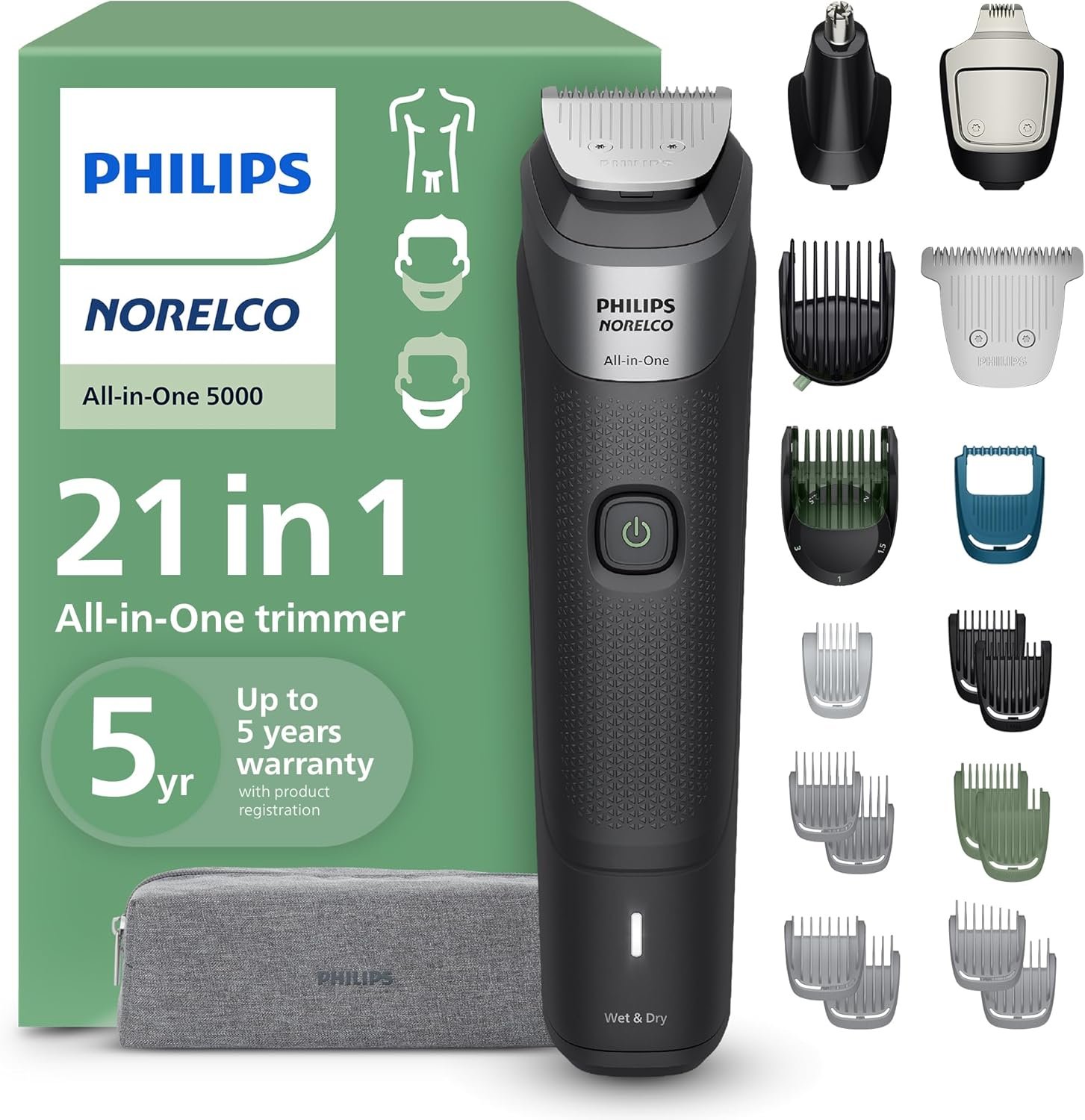 Norelco Philips All-in-One 5000 21-in-1 Trimmer, Face, Hair & Body, Black | Beard Styler, Nose, Detail & Body Trimmer, Hair Clipper, Ti Blades, T-Blade, 22 lengths, 3-Hr Runtime, Showerproof, MG5995/40