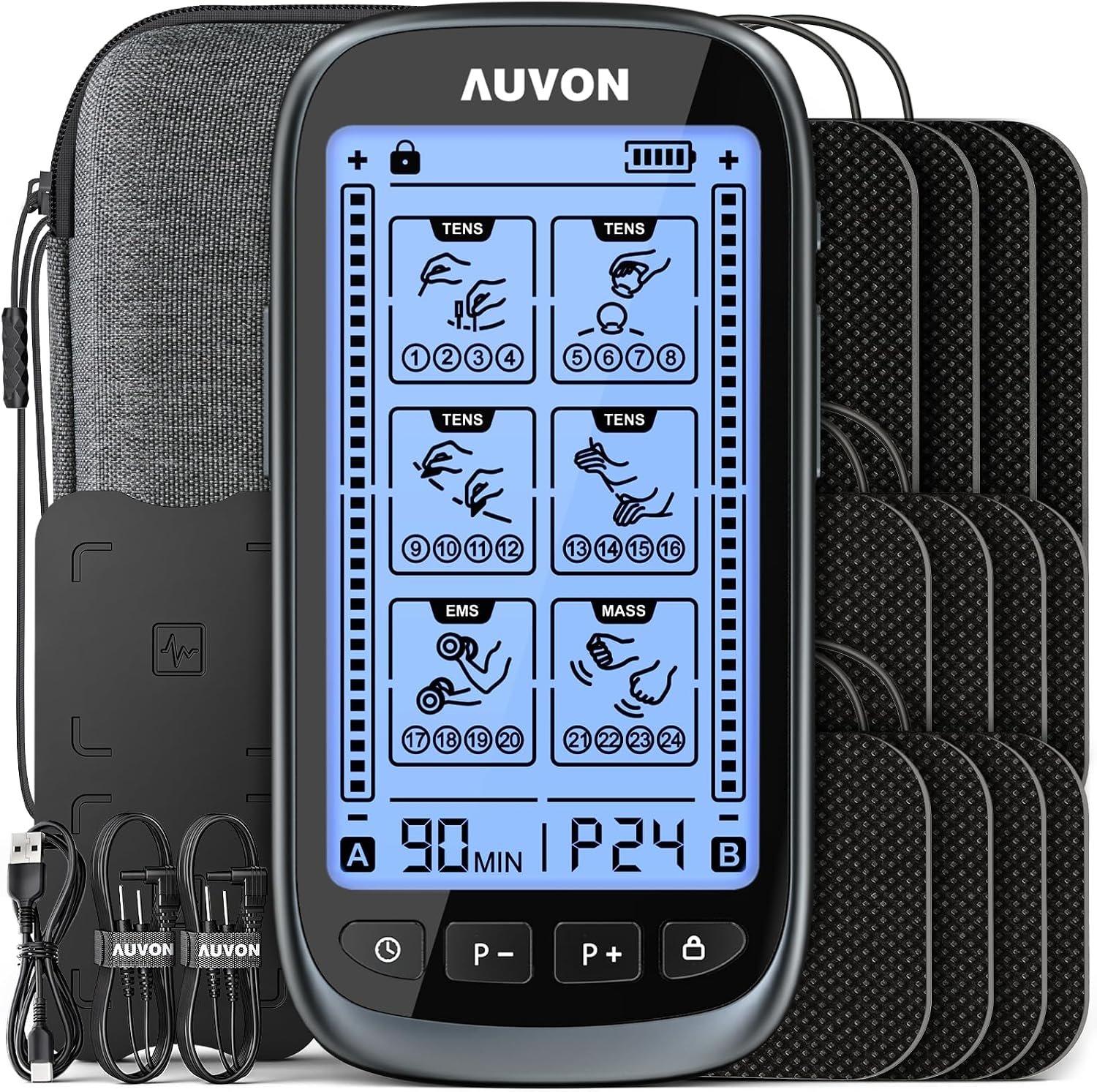 AUVON 3-in-1 TENS Unit Muscle Stimulator for Pain Relief, Large Screen | EMS Massager Machine with 30 Levels for Gradual Back, Shoulder, Sciatica Pain Relief, 24 Modes, 12 Pads, EVA Travel Case