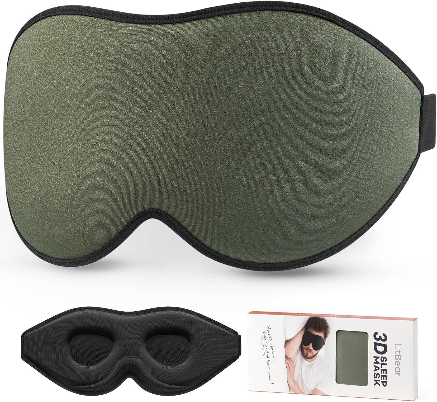 LitBear Sleep Mask for Side Sleeper Women Men, Eye Mask for Sleeping | Light Blocking 3D Contoured Sleeping Mask, Soft Breathable Sleep Eye Mask with Adjustable Elastic Strap for Travel, Olive