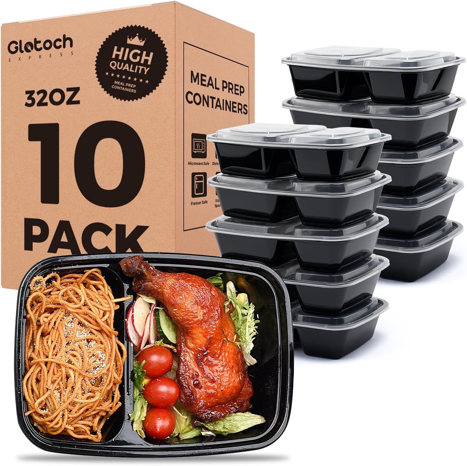 Glotoch Express 10 Pack 32 oz 2-Compartment Meal Prep Containers with Lids | Plastic Food Storage Containers for Lunch,Microwave,Freezer,Dishwasher Safe,Sturdy Leakproof & BPA Free Takeout Containers