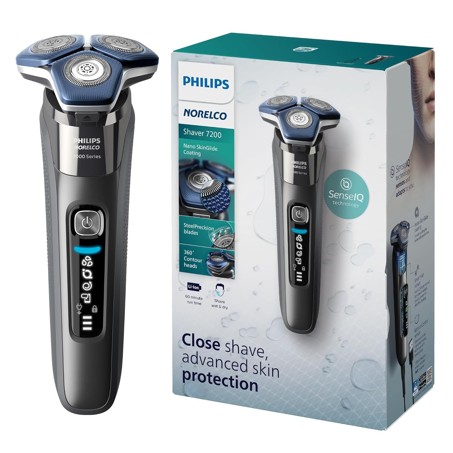 Philips Norelco 7200 Electric Shaver, Dark Chrome | 45 SteelPrecision Blades, SenseIQ Technology, Nano SkinGlide coating, 360° Flexible Heads, Pop-up Trimmer, S7885/85