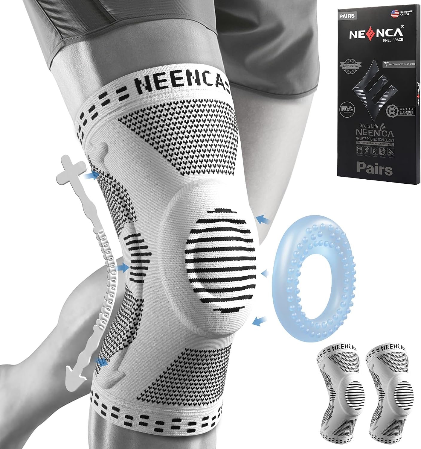 NEENCA Professional Knee Brace, Medical Knee Support for Women & Men Relief | 1 Pair, Patented Patella Gel Pad & Side Stabilizers, Compression Sleeve for Knee/Joint Pain, Circulation, ACL, Sport, Workout