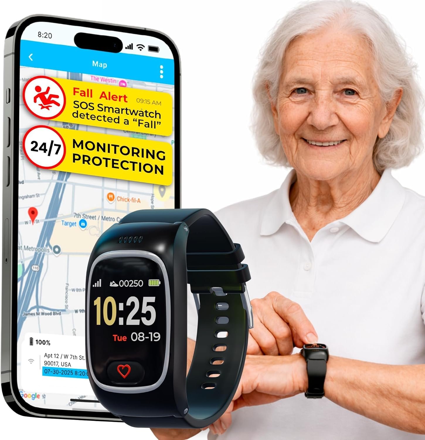 Seculife Medical Alert Smartband for Seniors — Alerts Go Direct to Family, No Call Center | Auto Fall Detection, GPS Tracking, Heart Rate Monitor, 2-Way Calling, SOS Button, Waterproof Wearable