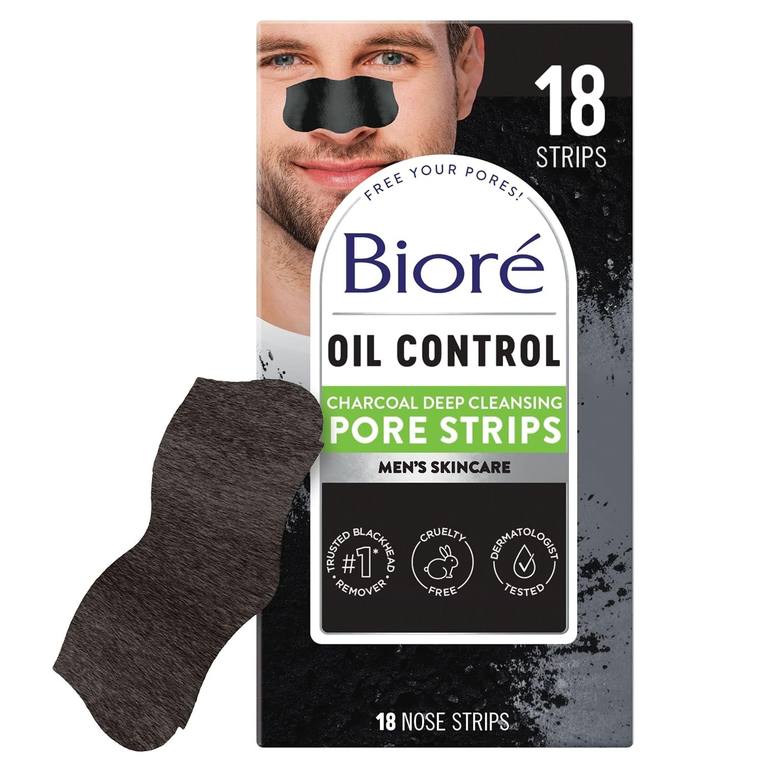 Biore Men’s Charcoal Deep Cleansing Pore Strips, Blackhead Remover, 18 Ct | For All Skin Types, Oil Control, Draws Out Impurities, Unclogs Pores, Instantly Cleaner-Looking Skin