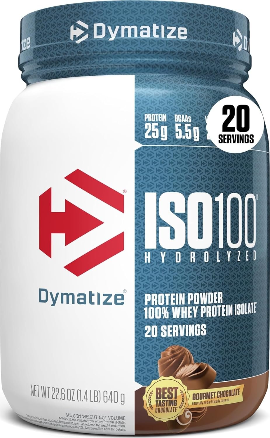 Dymatize ISO100 Protein Powder, 100% Whey Isolate, Gourmet Chocolate | 25g Protein, Hydrolyzed, Fast-Absorbing, Supports Muscle Health, 5.5g BCAAs, Gluten-Free, 20 Servings, 1.4 lb
