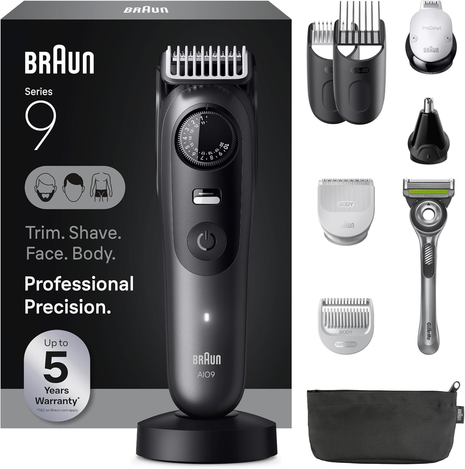 Braun All-in-One Series 9 Men’s Electric Beard Trimmer, Hair Clipper, Shaver & Razor for Face, Hair & Body, AIO 9535 with Gillette Labs Razor, Cordless
