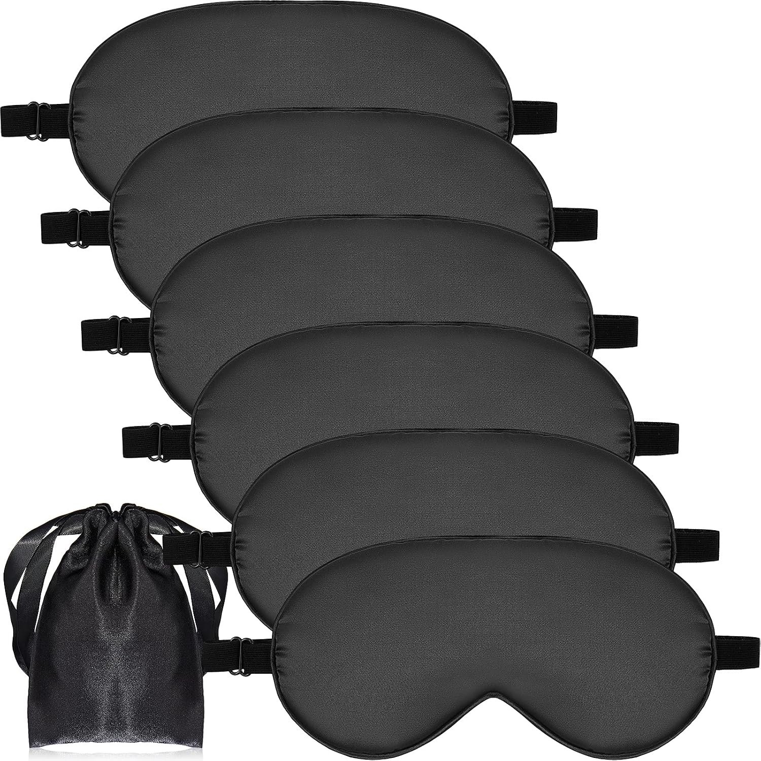 6 Pieces Natural Silk Sleep Mask Soft Eye Mask Adjustable Strap Blindfold Eyeshade Smooth Comfortable Eye Cover with Bag for Sleeping(Black)