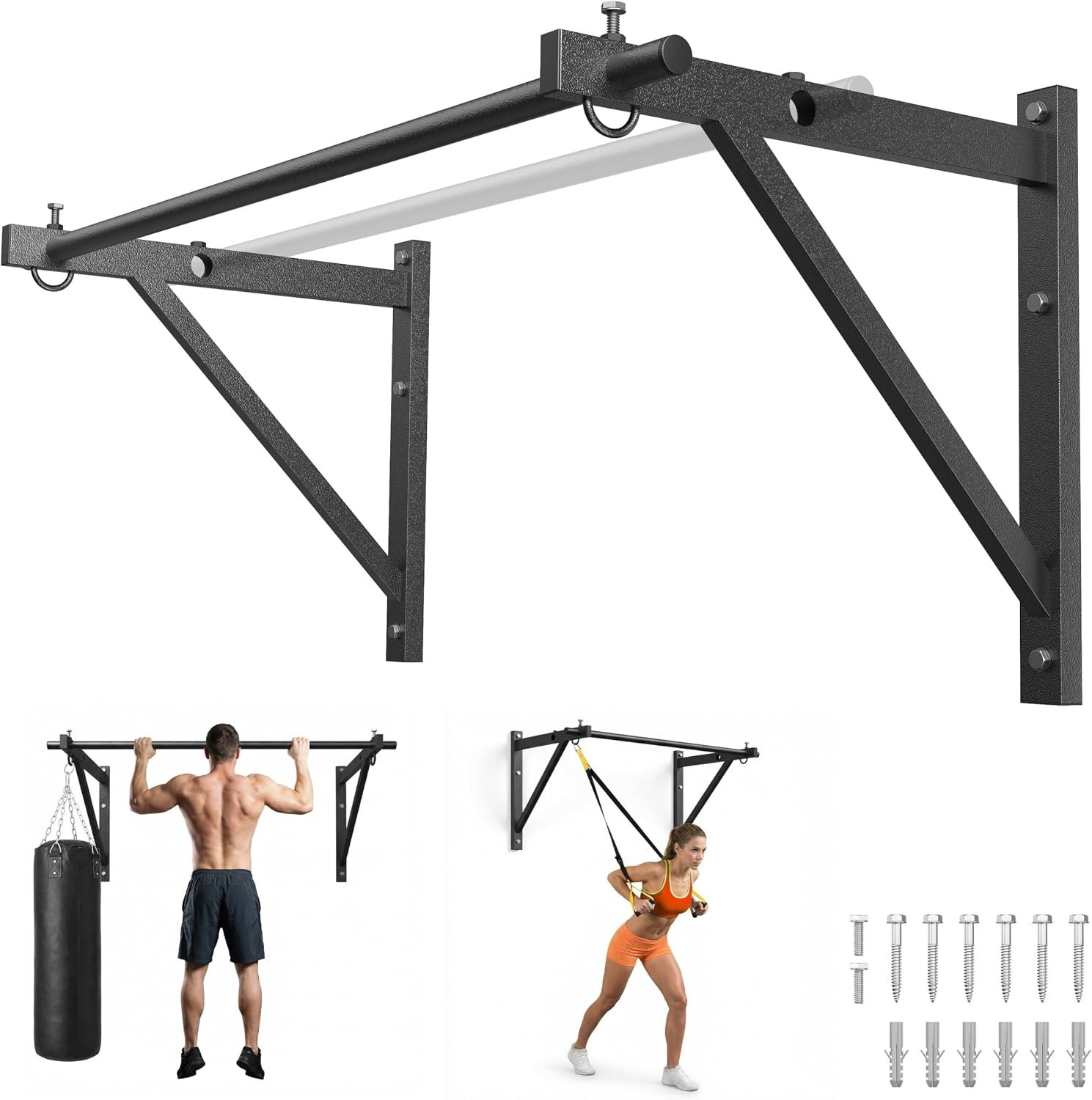 Wall Mounted Pull Up Bar for Doorway, 52”/36” Chin Up Bar | 500 lb Capacity, Thickened Steel Construction, Joist Mounted