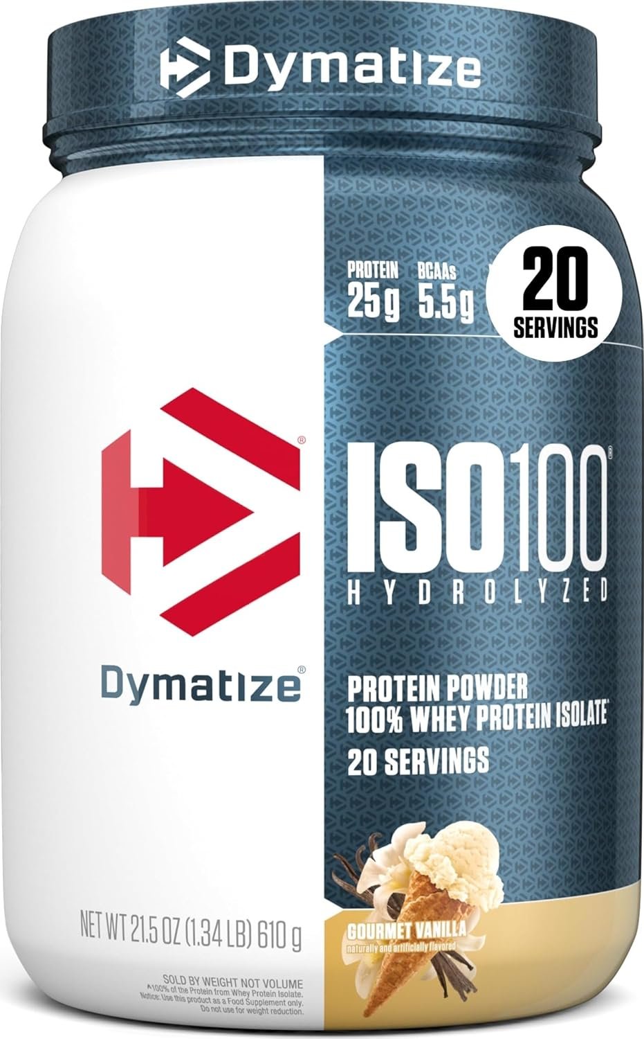 Dymatize ISO100 Protein Powder, 100% Whey Isolate, Gourmet Vanilla | 25g Protein, Hydrolyzed, Fast-Absorbing, Supports Muscle Health, 5.5g BCAAs, Gluten-Free, 20 Servings, 1.3 lb