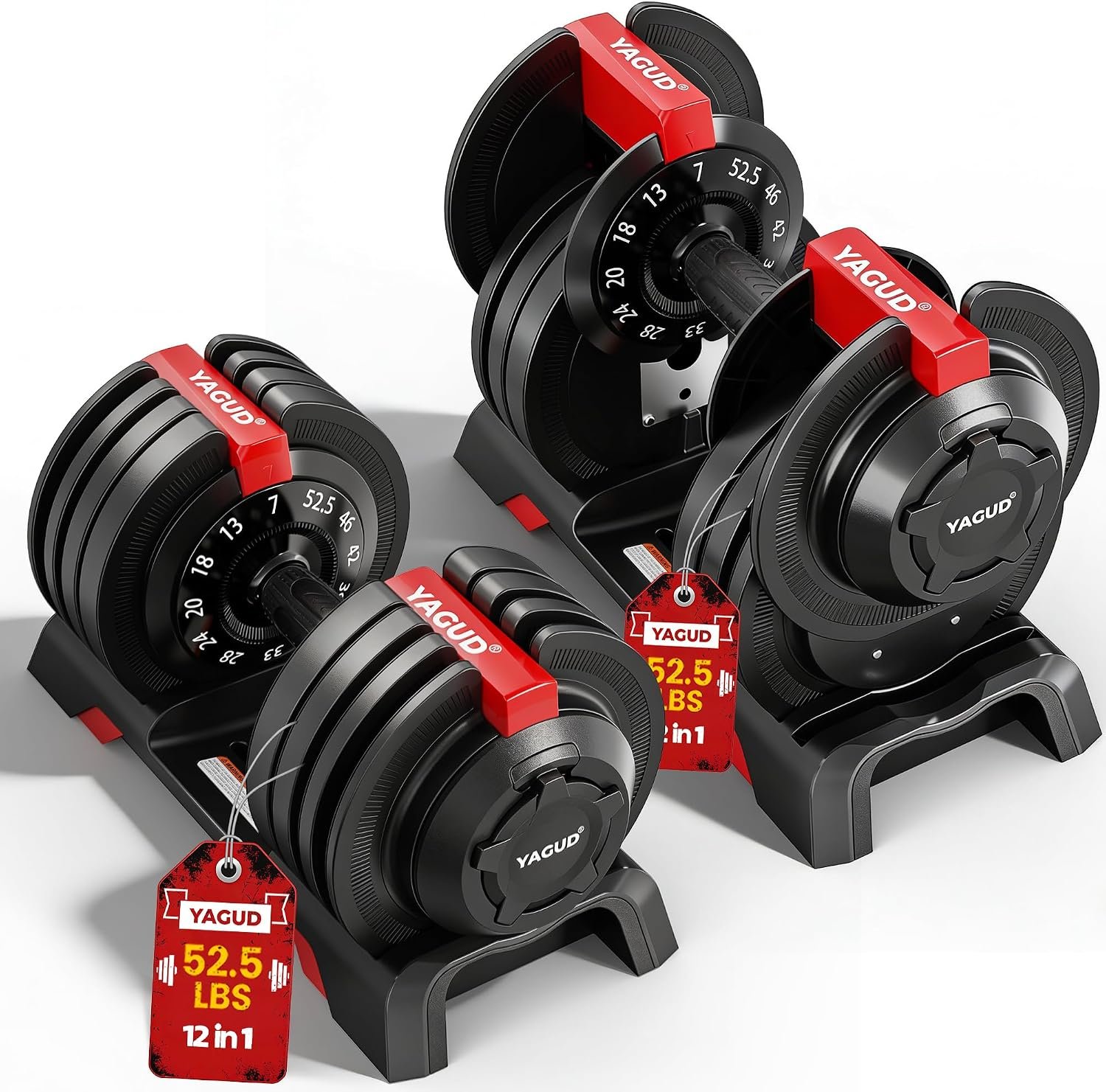 Yagud Adjustable Dumbbell Set, Adjustable Weights Dumbbells, 52.5/90 lbs | 12/16 Levels Adjust,1 Hand Rotation, Safety Lock System, Non-Slip Texture Grip, Space-Saving Design for Full-Body Home Gym