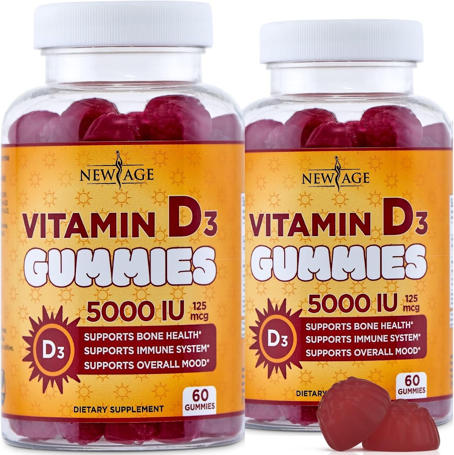 NEW AGE Vitamin D3 5000 IU 125mcg Gummies – Immune Supplement – Non-GMO, Gluten-Free, Dairy-Free, No Gelatin (120 Gummies (Pack of 2))