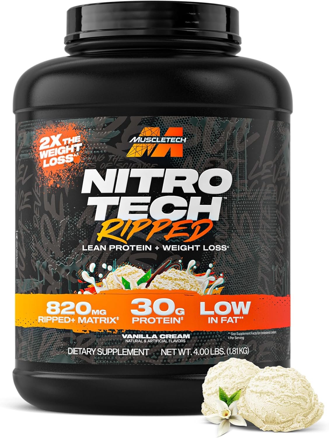 MuscleTech Whey Protein Powder (Vanilla Cream, 4LB) – 30g Protein | Nitro-Tech Ripped Whey Isolate & Peptides Smoothie Mix for Lean Muscle for Women & Men