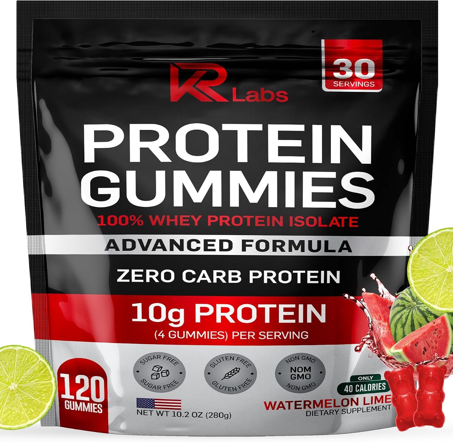 Whey Isolate Protein Gummies, 10g Protein, Watermelon Lime, 120 Ct | 10g Protein per Serving, 300g Total per Bag, 100% Whey Isolate, Gluten-free, Non-GMO, Vitamins Added, For Men & Women