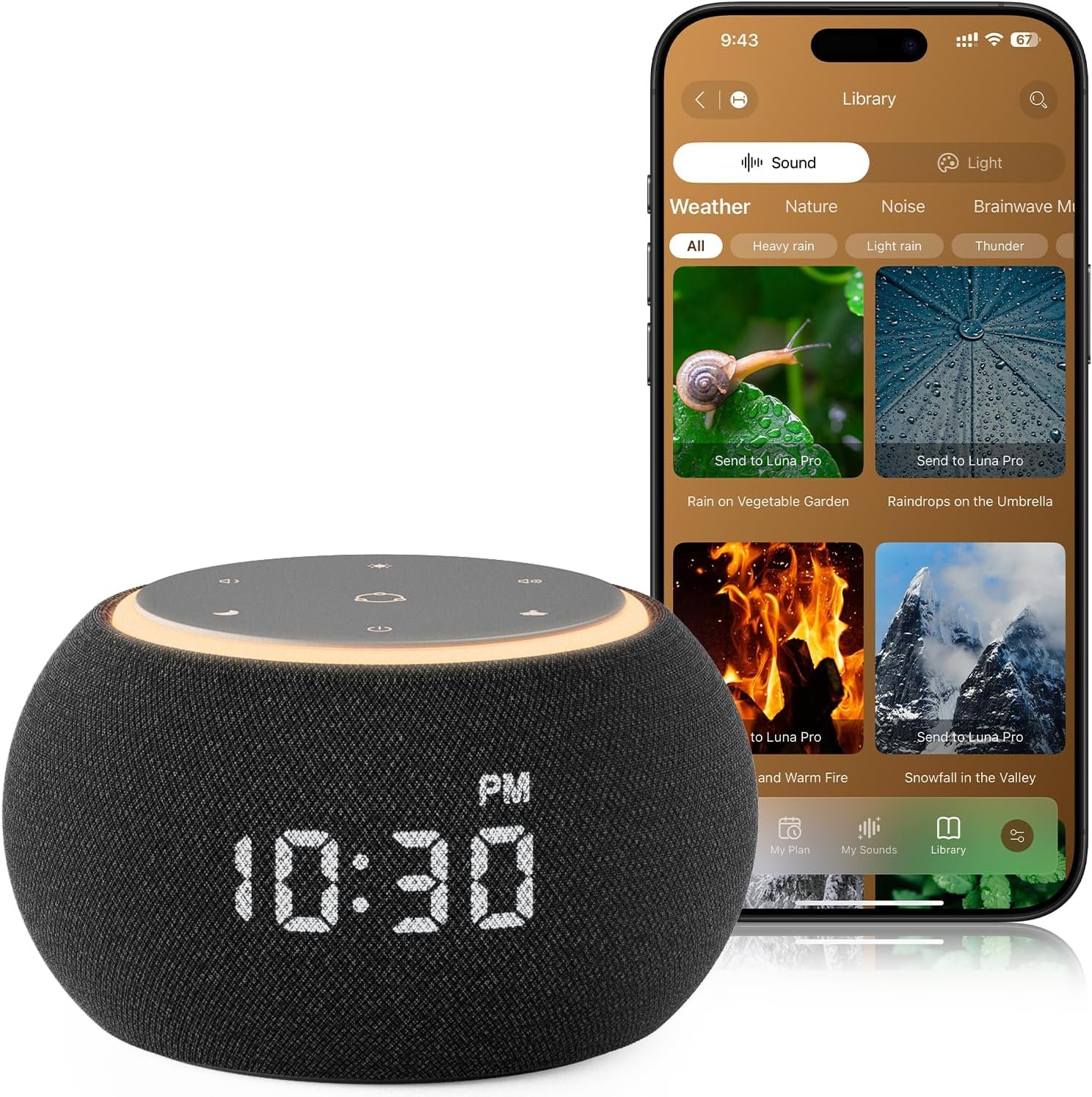 Hotmoon Luna Pro Smart Sound Machine, 507 Sounds, Dual-Stage Alarm, Plug in | White Noise Alarm Clock, 108-963Hz Healing Frequency, Pink Green Brown Noise Machine for Adults Sleep Meditation