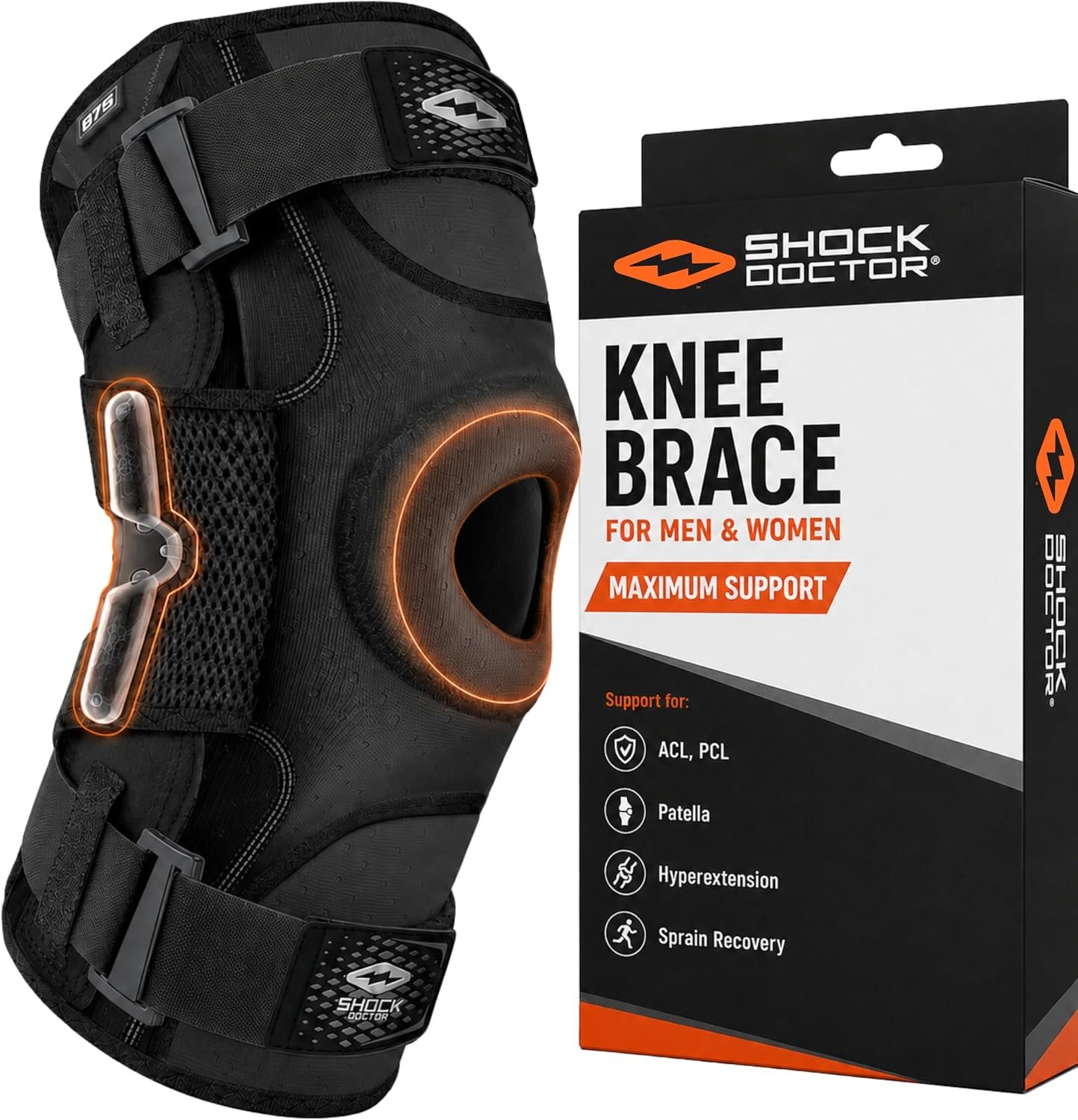 Shock Doctor Knee Brace, Compression Knee Brace for Men & Women, Hinged Knee Brace with Side Stabilizers, Maximum Support, Adjustable Dual Hinges, Knee Braces and Knee Support