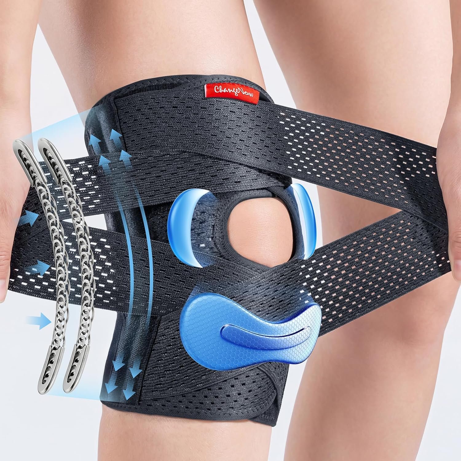 Meniscus Knee Brace for Women and Men, Knee Support with Side Stabilizers-M | Adjustable Knee Wrap with Ultra-Breathable V-Straps for Meniscus Tear,Knee Pain,Arthritis,MCL and ACL Injuries