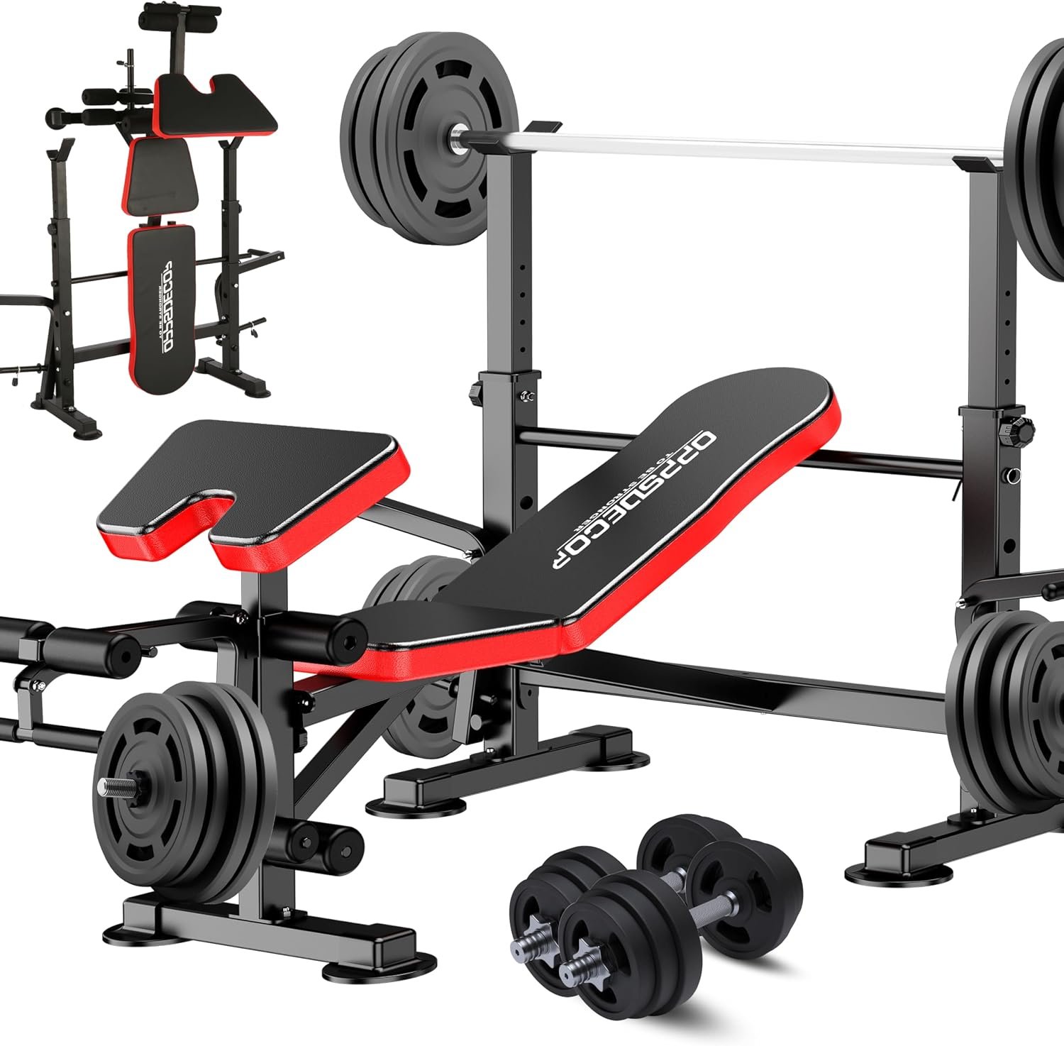 OPPSDECOR Weight Bench Set with Squat Rack, 900LBS Adjustable for Home Gym | Leg Extension & Curl, Preacher Curl Pad, ASTM-Certified 900LBS, Bench Press Rack, Full Body Workout, 2-Second Fold, US Stock